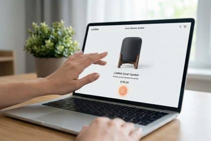Une personne utilisant un ordinateur portable pour consulter une fiche produit d'enceinte intelligente Lumina.