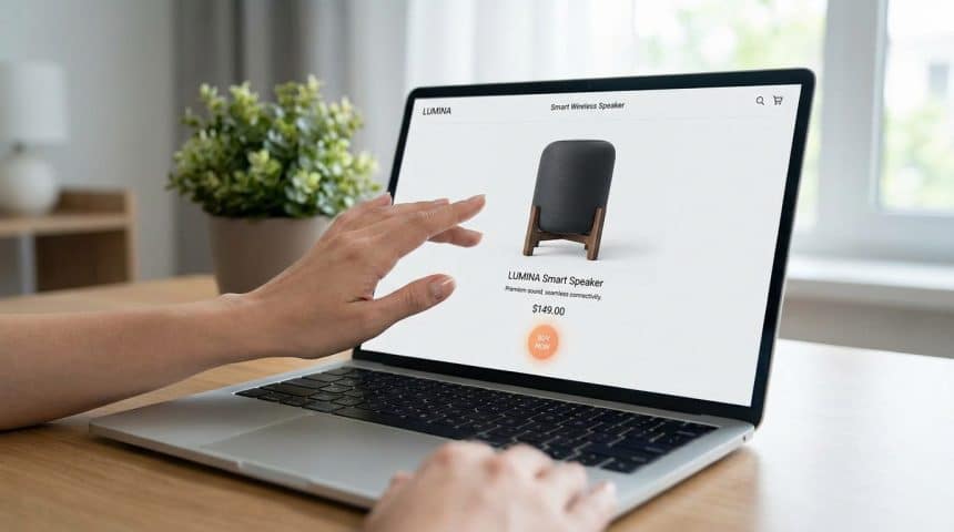 Une personne utilisant un ordinateur portable pour consulter une fiche produit d'enceinte intelligente Lumina.