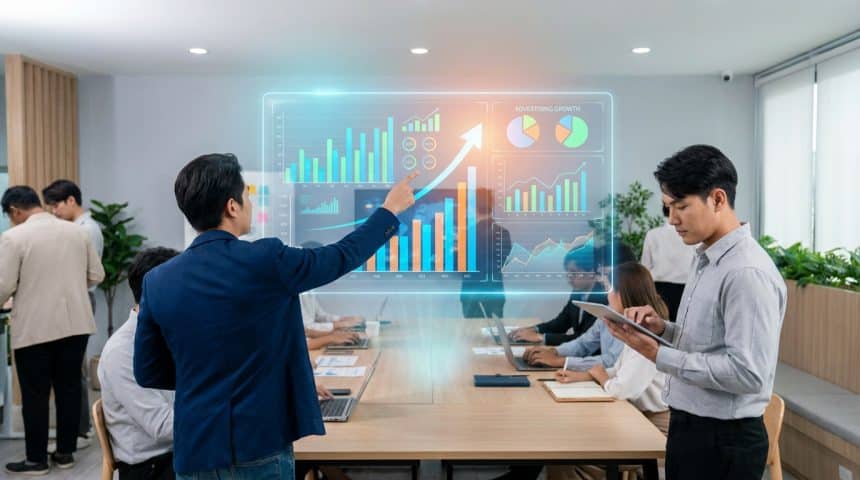 Un professionnel désigne un écran holographique affichant des graphiques de croissance publicitaire devant une équipe.