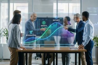 Une équipe analysant un graphique holographique du cycle de vie d'un produit dans un bureau moderne.