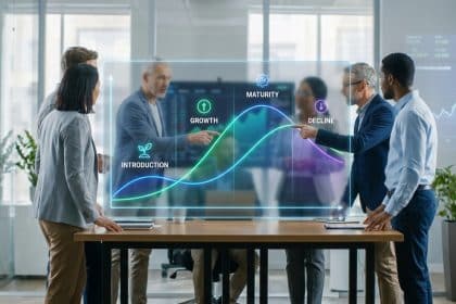 Une équipe analysant un graphique holographique du cycle de vie d'un produit dans un bureau moderne.