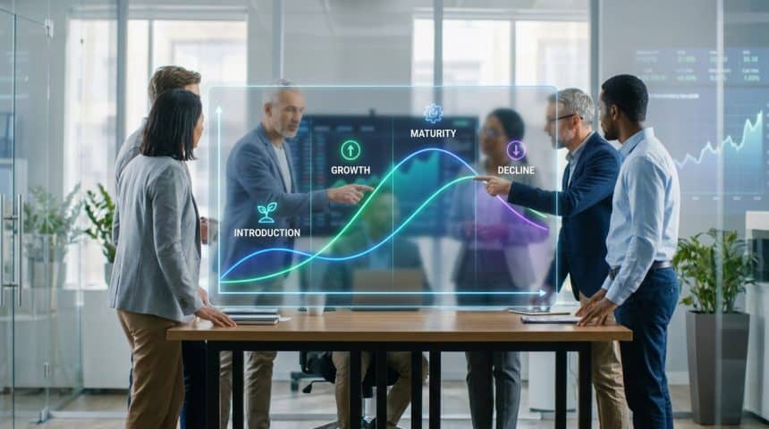 Une équipe analysant un graphique holographique du cycle de vie d'un produit dans un bureau moderne.