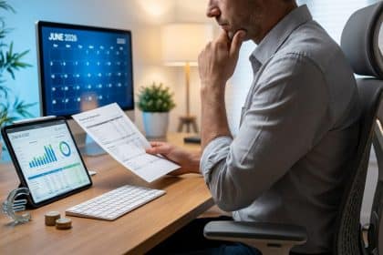 Un homme en chemise grise analyse un document financier et une tablette devant un calendrier de juin 2026.