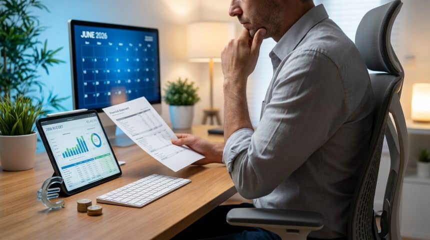 Un homme en chemise grise analyse un document financier et une tablette devant un calendrier de juin 2026.