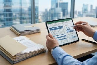 Un professionnel analyse un bordereau de prix sur une tablette devant un paysage urbain.