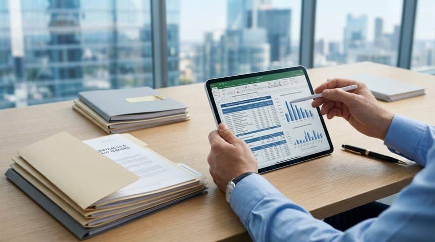 Un professionnel analyse un bordereau de prix sur une tablette devant un paysage urbain.