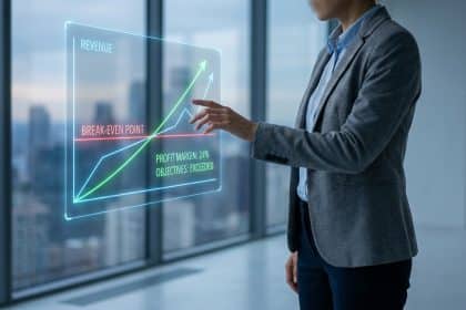 Une femme d'affaires interagissant avec un graphique numérique montrant le seuil de rentabilité et la croissance des revenus.