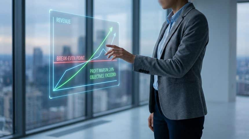 Une femme d'affaires interagissant avec un graphique numérique montrant le seuil de rentabilité et la croissance des revenus.