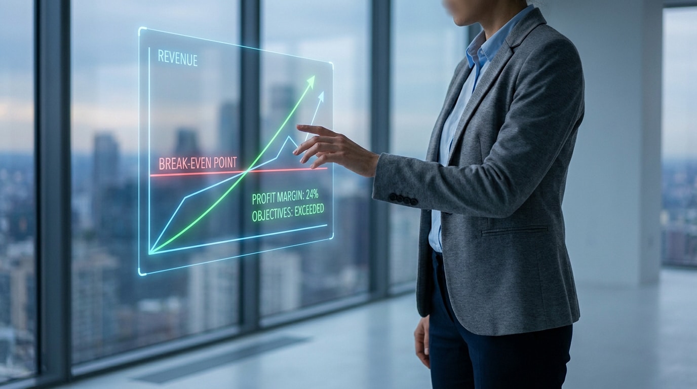 Une femme d'affaires interagissant avec un graphique numérique montrant le seuil de rentabilité et la croissance des revenus.