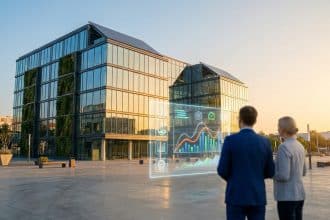 Deux professionnels analysent des données énergétiques en réalité augmentée devant un immeuble de bureaux moderne.