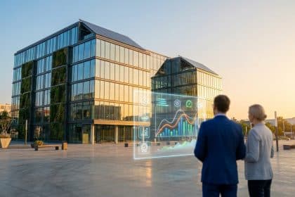 Deux professionnels analysent des données énergétiques en réalité augmentée devant un immeuble de bureaux moderne.