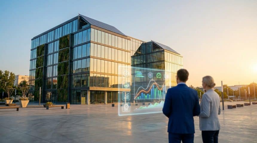 Deux professionnels analysent des données énergétiques en réalité augmentée devant un immeuble de bureaux moderne.