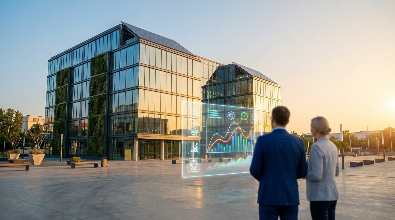 Deux professionnels analysent des données énergétiques en réalité augmentée devant un immeuble de bureaux moderne.