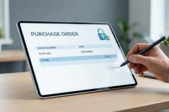 Main utilisant un stylet sur une tablette affichant un formulaire de bon de commande avec une icône de cadenas.
