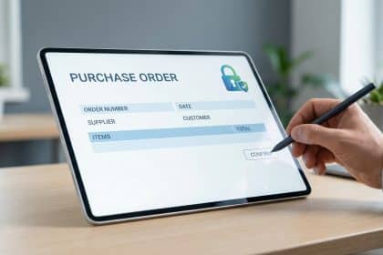 Main utilisant un stylet sur une tablette affichant un formulaire de bon de commande avec une icône de cadenas.