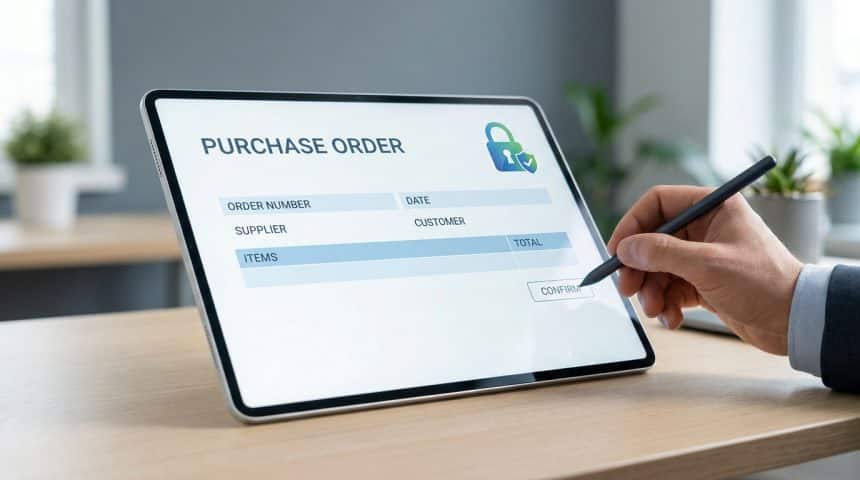 Main utilisant un stylet sur une tablette affichant un formulaire de bon de commande avec une icône de cadenas.