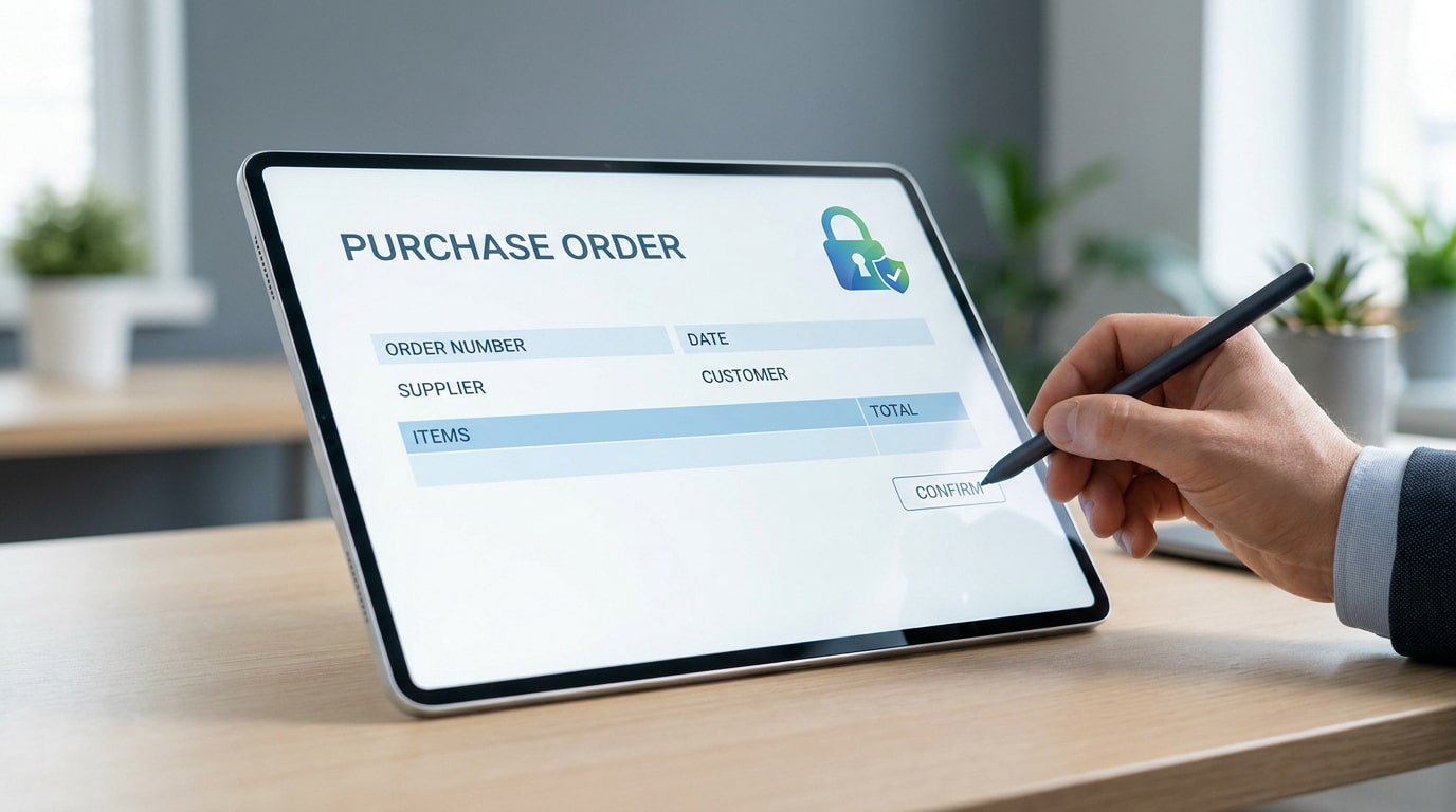 Main utilisant un stylet sur une tablette affichant un formulaire de bon de commande avec une icône de cadenas.