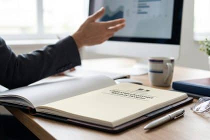 Un professionnel travaillant à son bureau sur un document officiel concernant la législation linguistique française.