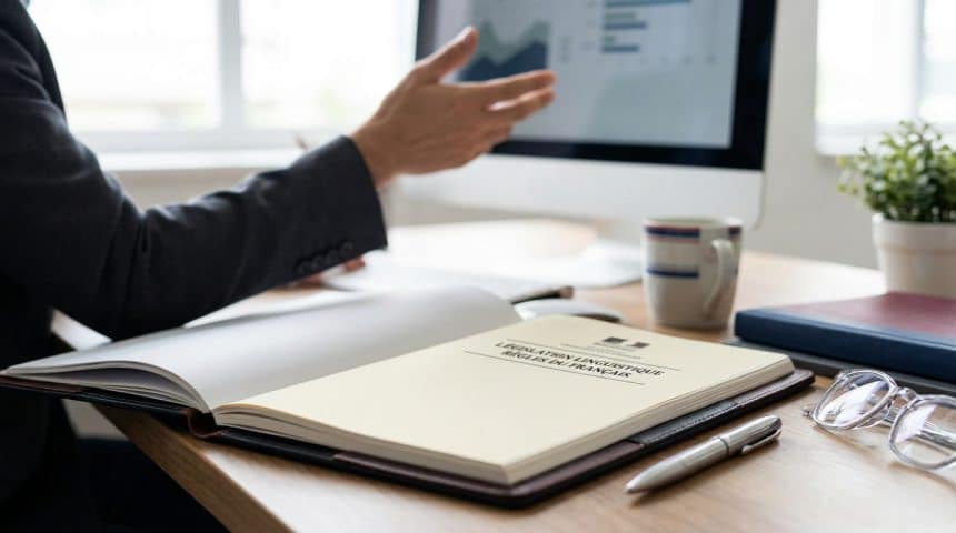 Un professionnel travaillant à son bureau sur un document officiel concernant la législation linguistique française.