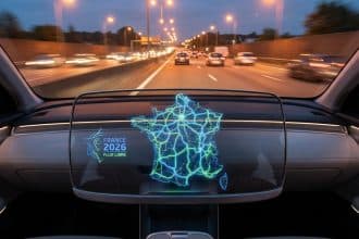 Affichage tête haute dans une voiture montrant une carte numérique du réseau autoroutier français en flux libre.