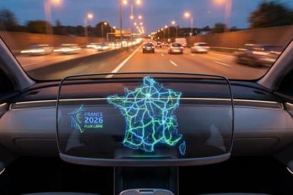 Affichage tête haute dans une voiture montrant une carte numérique du réseau autoroutier français en flux libre.