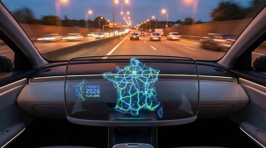 Affichage tête haute dans une voiture montrant une carte numérique du réseau autoroutier français en flux libre.