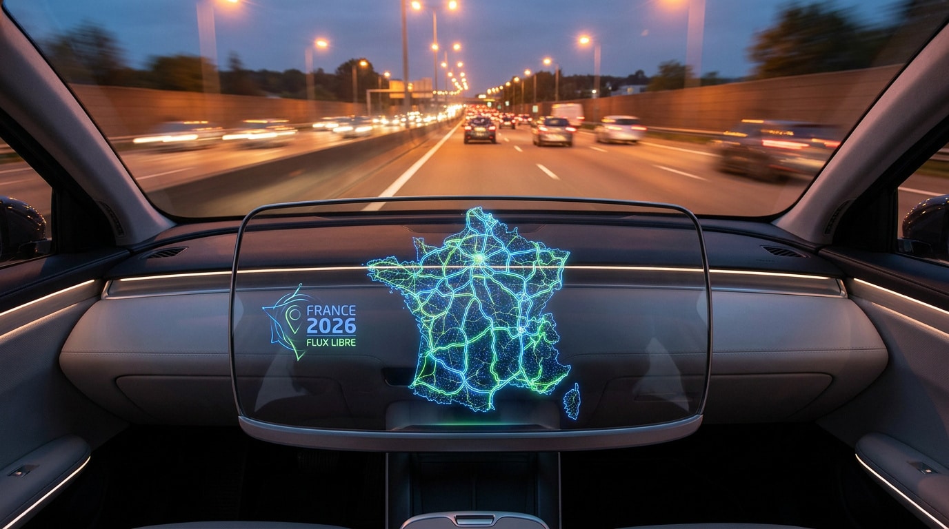 Affichage tête haute dans une voiture montrant une carte numérique du réseau autoroutier français en flux libre.