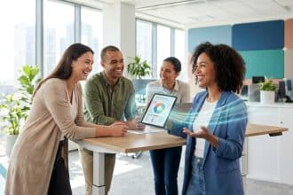 Une équipe souriante partageant des résultats sur une tablette dans un bureau lumineux et moderne.