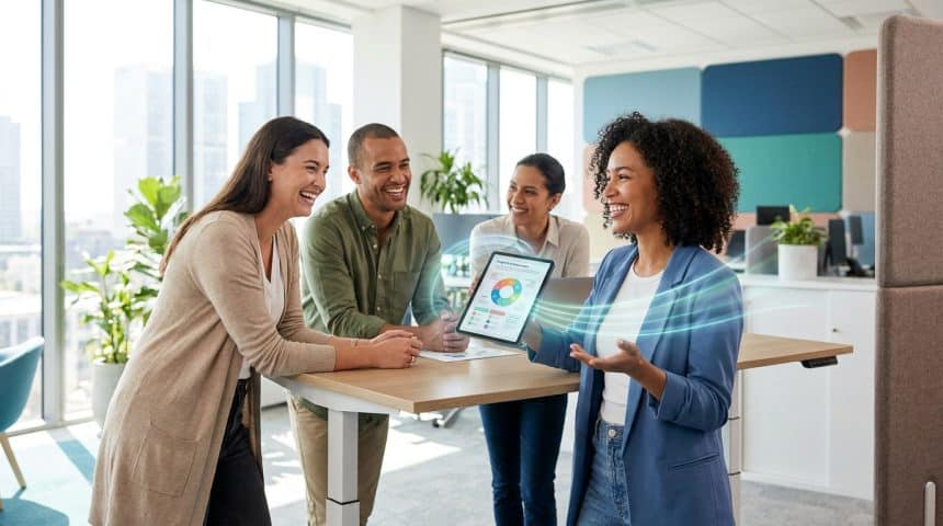 Une équipe souriante partageant des résultats sur une tablette dans un bureau lumineux et moderne.