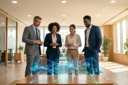 Quatre professionnels en tenue d'affaires observant un graphique en réseau holographique lumineux au-dessus d'une table.