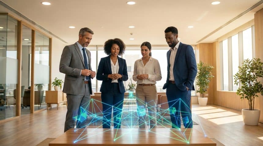 Quatre professionnels en tenue d'affaires observant un graphique en réseau holographique lumineux au-dessus d'une table.