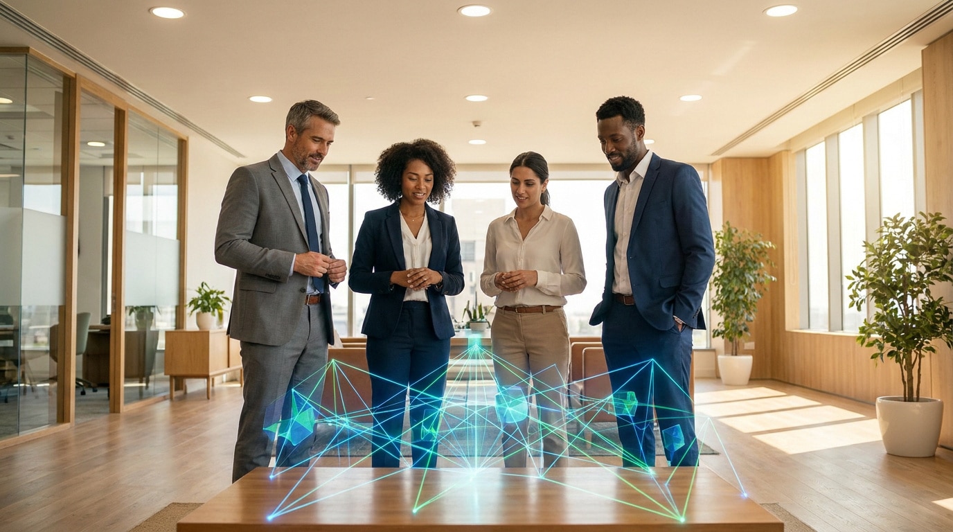 Quatre professionnels en tenue d'affaires observant un graphique en réseau holographique lumineux au-dessus d'une table.