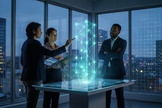 Trois professionnels examinant une structure de données holographique dans un bureau moderne avec vue sur la ville.