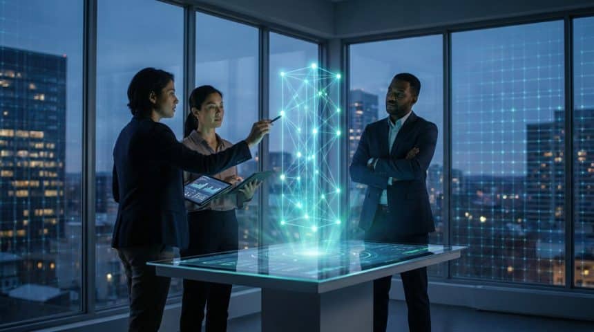 Trois professionnels examinant une structure de données holographique dans un bureau moderne avec vue sur la ville.