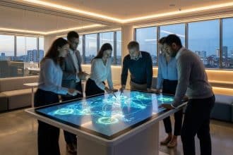 Une équipe professionnelle analyse une carte numérique interactive d'un réseau mondial dans un bureau moderne.