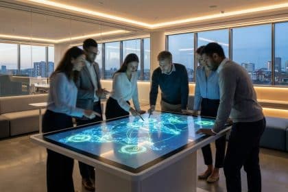Une équipe professionnelle analyse une carte numérique interactive d'un réseau mondial dans un bureau moderne.