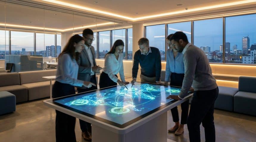 Une équipe professionnelle analyse une carte numérique interactive d'un réseau mondial dans un bureau moderne.
