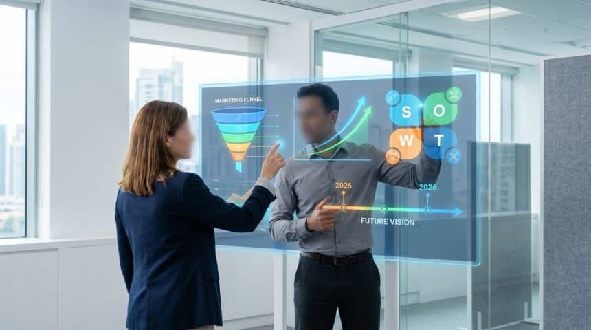 Professionnels analysant une interface numérique interactive affichant un tunnel marketing et une analyse SWOT.