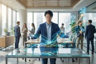 Un homme d'affaires interagit avec une interface holographique affichant des données de croissance et d'engagement client.