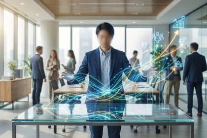 Un homme d'affaires interagit avec une interface holographique affichant des données de croissance et d'engagement client.