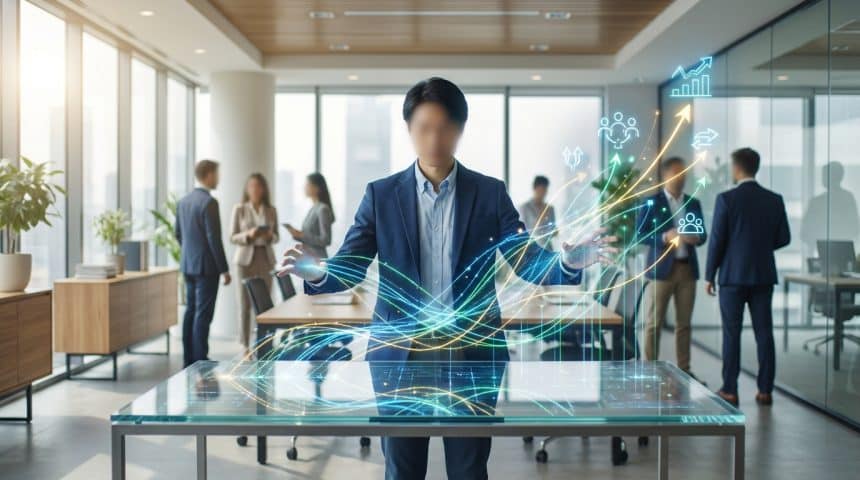 Un homme d'affaires interagit avec une interface holographique affichant des données de croissance et d'engagement client.