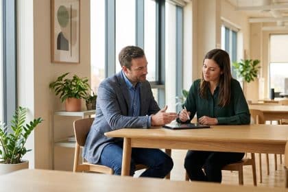 Un manager et une collaboratrice en discussion constructive autour d'une tablette dans un bureau lumineux et moderne.
