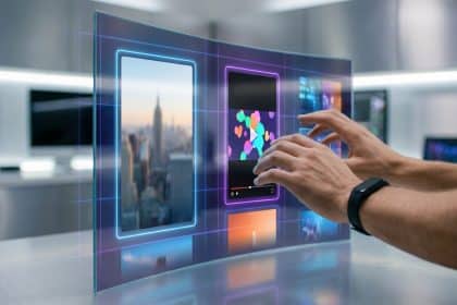 Mains manipulant une interface tactile transparente avec des vidéos verticales de style Instagram sur fond de bureau.