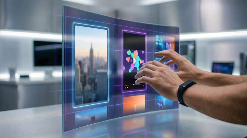 Mains manipulant une interface tactile transparente avec des vidéos verticales de style Instagram sur fond de bureau.