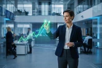 Une femme d'affaires interagit avec un graphique financier holographique en hausse dans un bureau moderne.