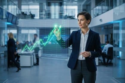 Une femme d'affaires interagit avec un graphique financier holographique en hausse dans un bureau moderne.