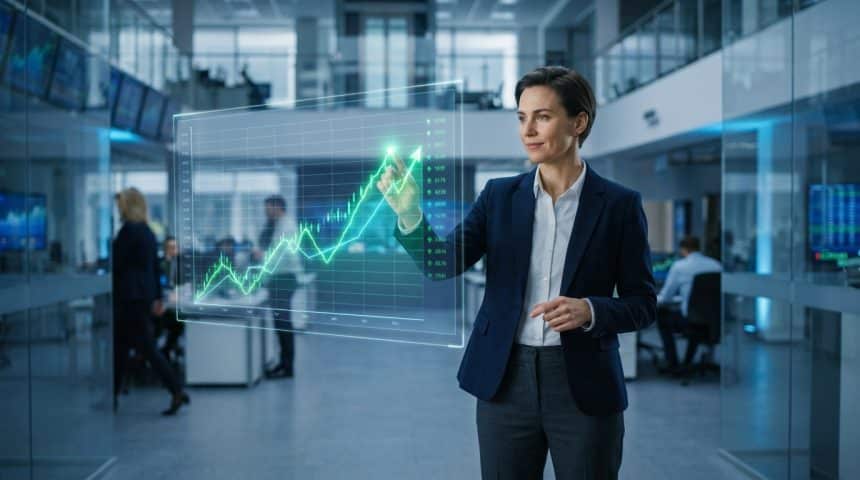 Une femme d'affaires interagit avec un graphique financier holographique en hausse dans un bureau moderne.