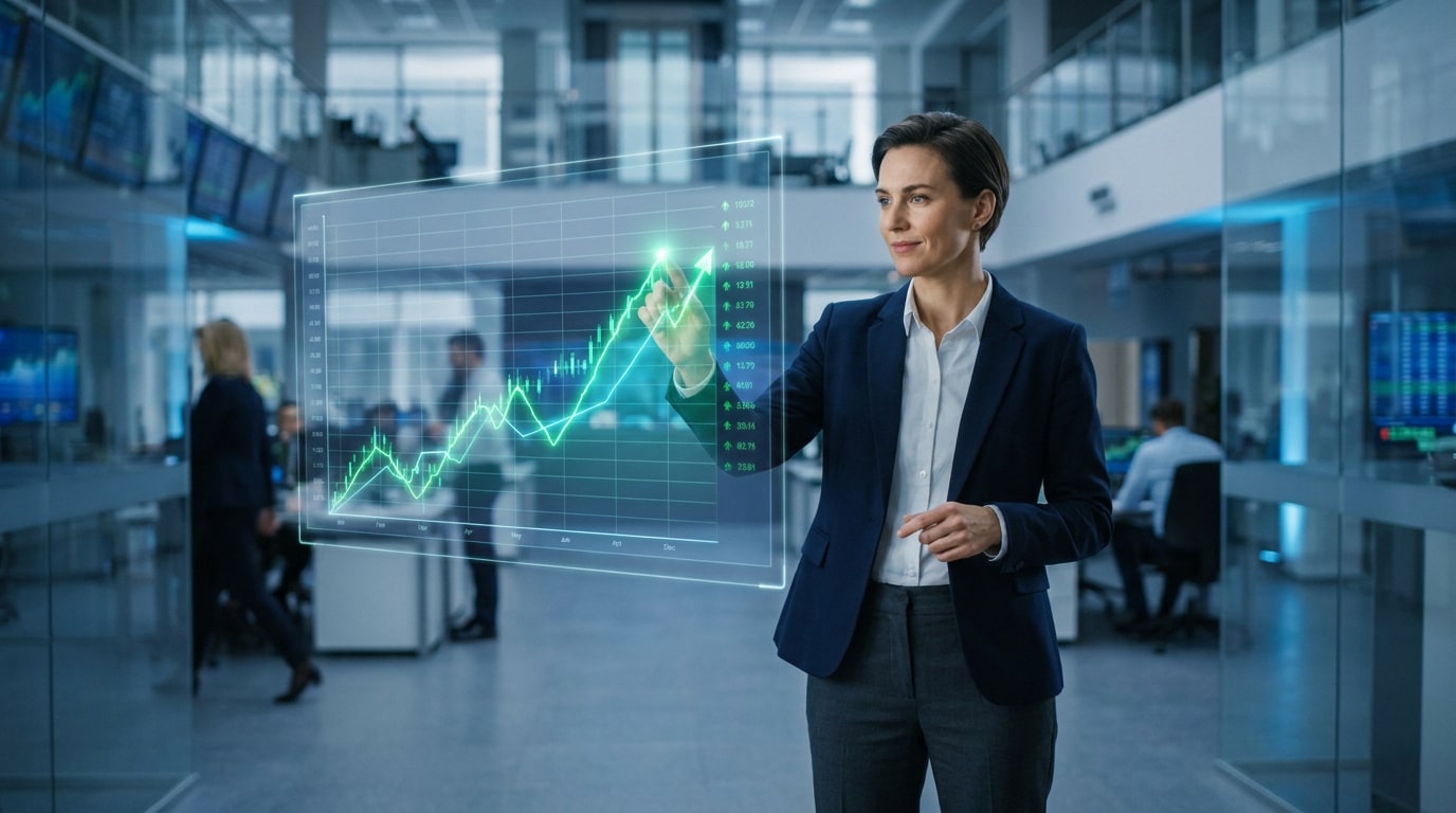 Une femme d'affaires interagit avec un graphique financier holographique en hausse dans un bureau moderne.