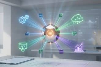 Un diagramme holographique complexe en forme de pieuvre connecté à des icônes technologiques sur un bureau moderne.