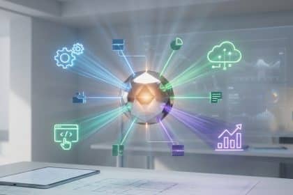 Un diagramme holographique complexe en forme de pieuvre connecté à des icônes technologiques sur un bureau moderne.